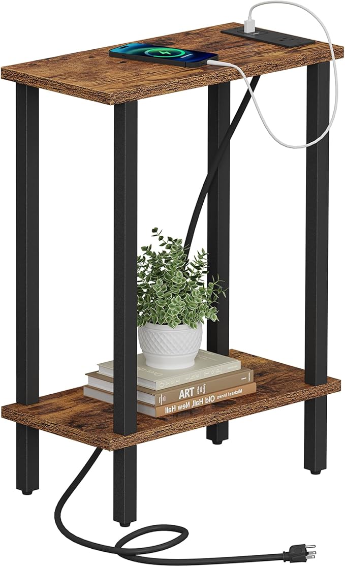 TUTOTAK Small End Table with Charging Station, Narrow Side Table with USB Ports
