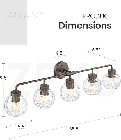 zeyu 38.5 Inch Farmhouse Bathroom Lighting Fixture, 5-Light Bathroom Vanity Light, Oil Rubbed Bronze Finish with Water Ripple Globe Glass, ZS62BG-5W ORB-WG