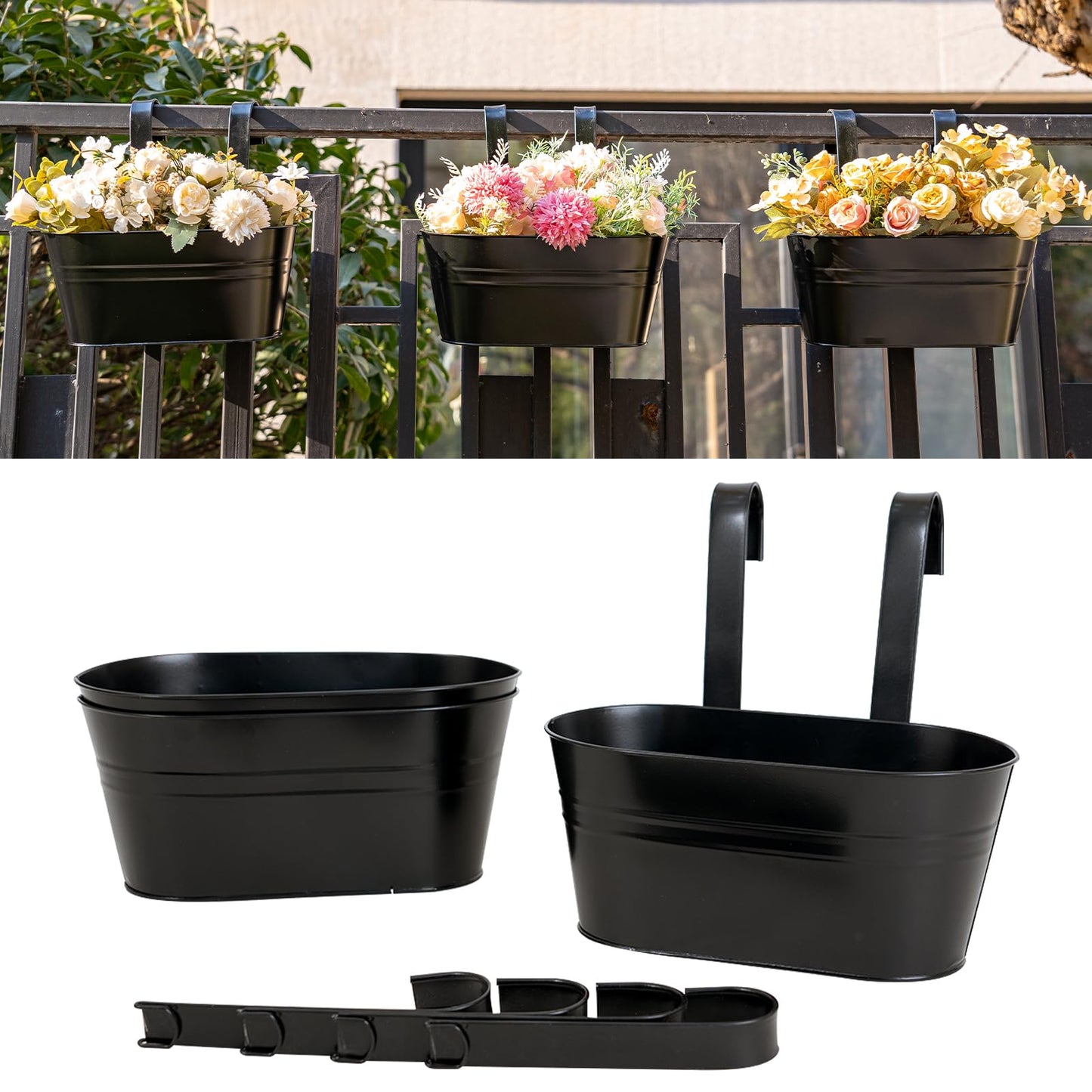 pansparade 3 Pack Metal Hanging Flower Pots for Railing Fence，Outdoor Balcony Rail Planter with Detachable Hooks Drainage Holes for Deck Garden Home Decor Black