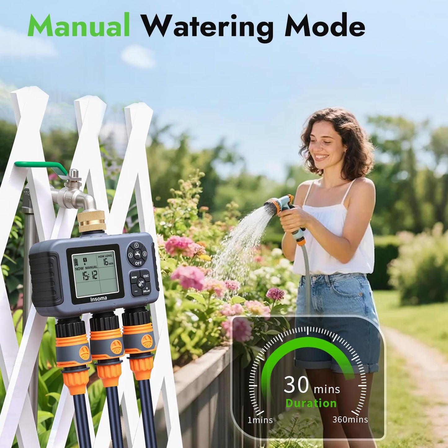 Insoma Water Timer with Brass Inlet, 3 Independent Zones Outdoor Hose Timer for Garden Faucet with Auto/Manual/Rain Delay Mode, IPX5 Waterproof, Sprinkler Irrigation Controller for Yard Lawn