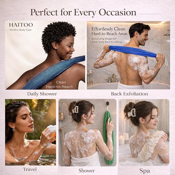 African Net Sponge Authentic, 6 Pieces African Exfoliating Net Sponge Body Back Scrubber Exfoliating Washcloth for Shower Bath for All Types Skin (Black+Purple+Pink+Blue+Olive Green+Gold, 6 Pcs)
