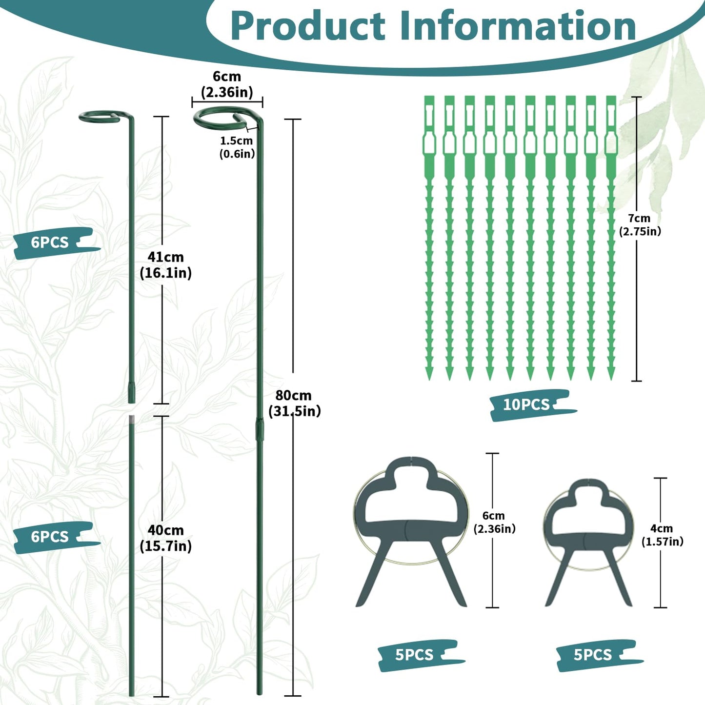 Plant Stakes for Indoor Outdoor Plants, 6 Packs 31.5 inches Plant Support Stakes with Twist Ties and Clips, Climbing Plant Sticks Garden Flower Stakes Support Hoops for Tomato, Pepper, Peony