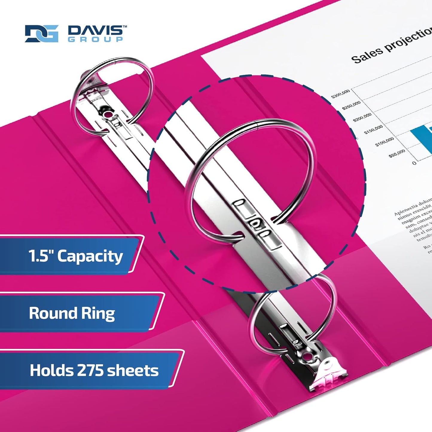 Easyview Premium 3-Ring Binders with Clear-View Covers and Round Rings, Binders for School or Office, 1.5 Inch, Pack of 6, Pink