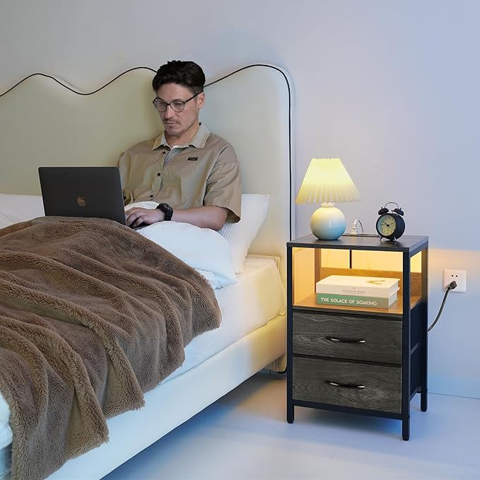 Yoobure Nightstand with Charging Station, LED Night Stand with Fabric Drawers