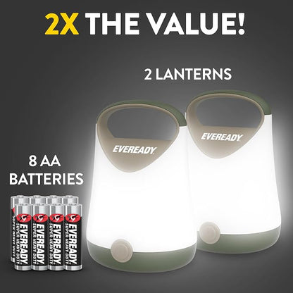 Eveready LED Camping Lantern X-250 (2-Pack), Super Bright Tent Lights, Rugged Water Resistant LED Lanterns, 100 Hour Run-time (Batteries Included), Green/Tan
