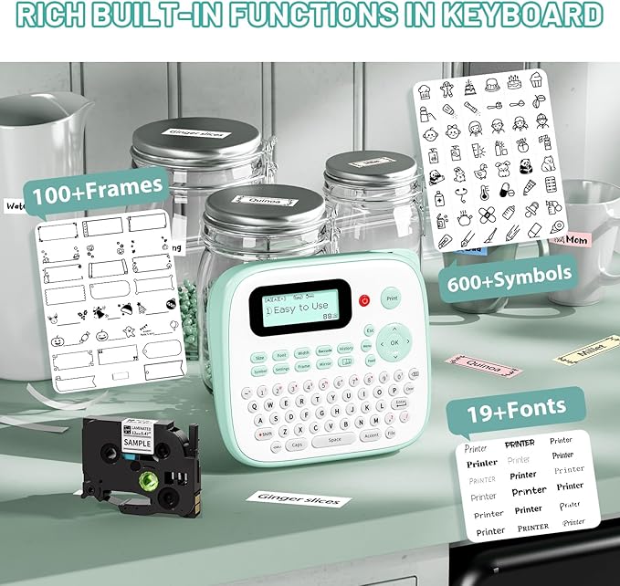 Label Maker for Kids, Desktop Label Maker Machine Labels-Waterproof, D210S Handheld Labeler Machine with Tape-12mm 0.47 Laminated White, Multiple Symbols for Home Office School Kids Teachers Gifts
