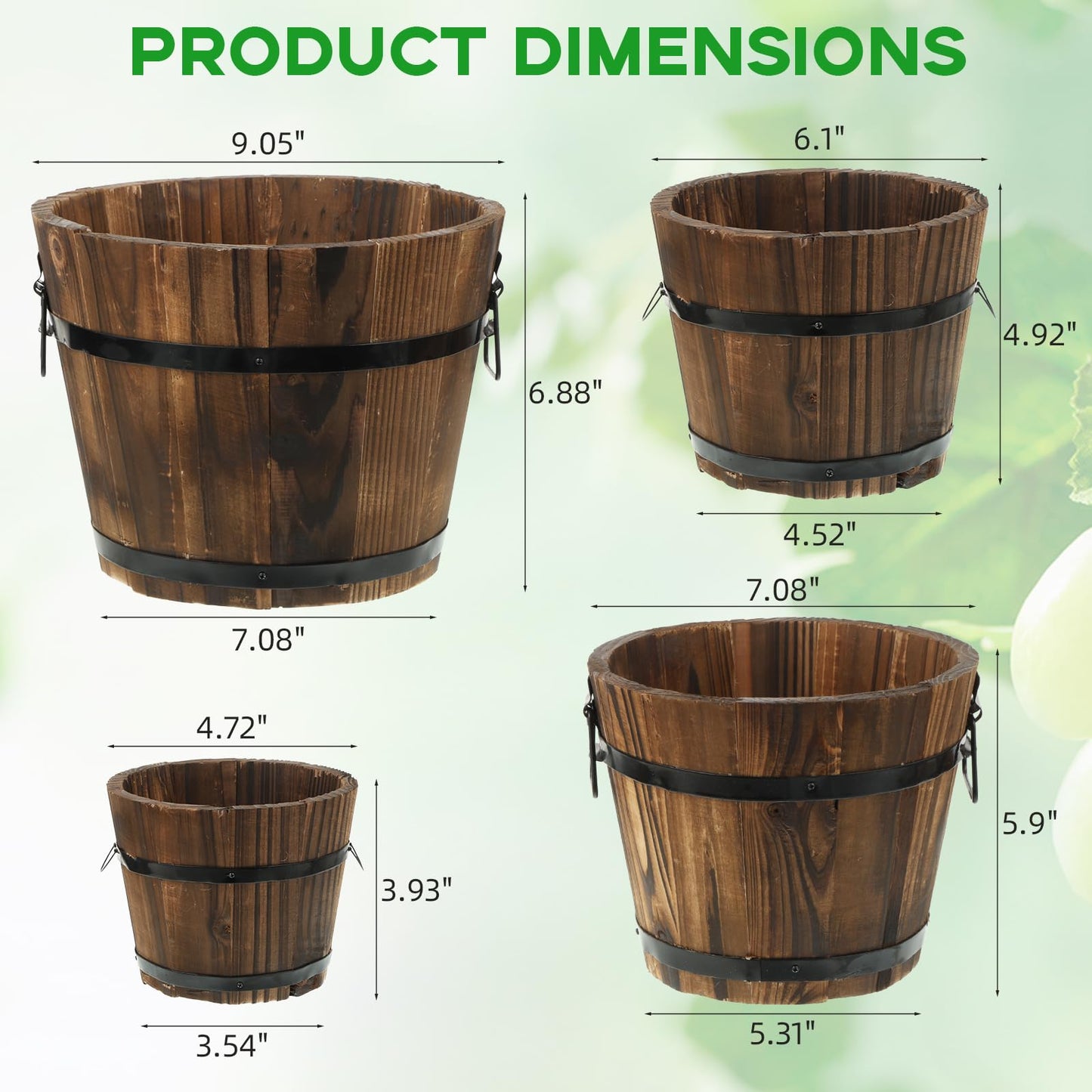 Hlimior 4 Pcs Wooden Whiskey Barrel Planters, Wooden Flower Planters Pots Boxes with Metal Handles 4 Sizes Planting Wood Buckets Christmas Tree Pot for Indoor Outdoor Garden Home Plants