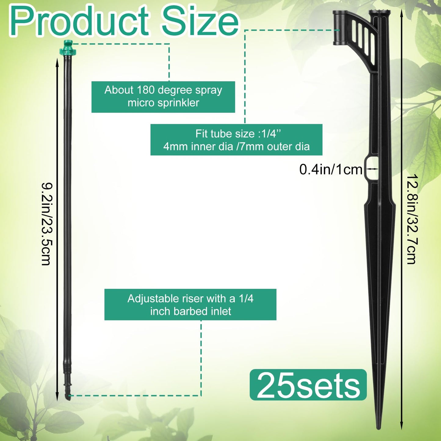 Yiyiring 25 Pcs 12.8 Inch Drip Irrigation Stakes with 180 Degree Sprayer Emitters and Sprinkler Extension Riser 1/4 Inch Drip Line Sprinkler Support Stakes for Garden Watering System,Green