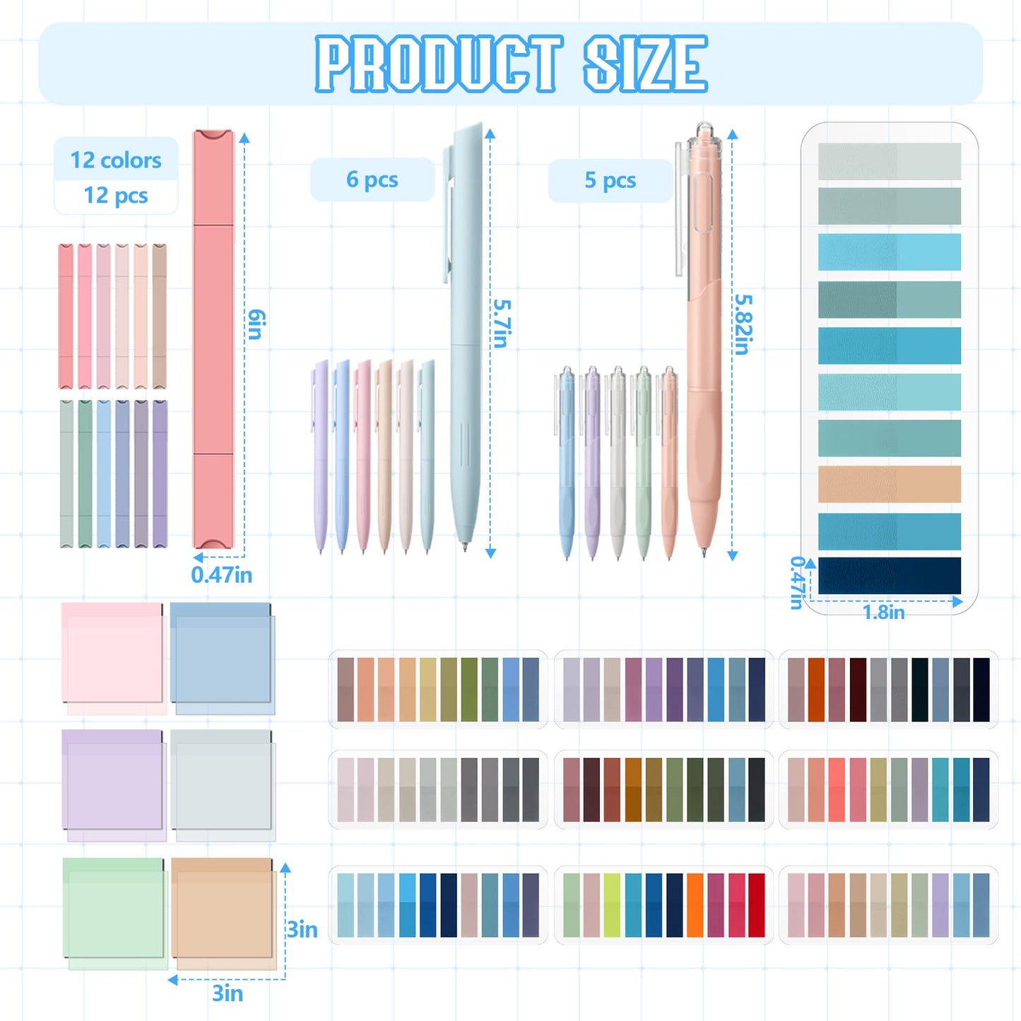 Trandraft 135 Pcs Book Annotation Kit with Pencil Case, 12 Pastel Highlighters, 11 Gel Pens, Fine Marker, 300 Transparent Sticky Notes, 2640 Index Tabs, Bible Study Supplies Kit(Kawaii,Blue)