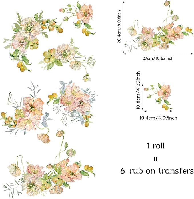 Floral Rub on Transfer for Furniture Vintage Large Flower UV DTF Transfer