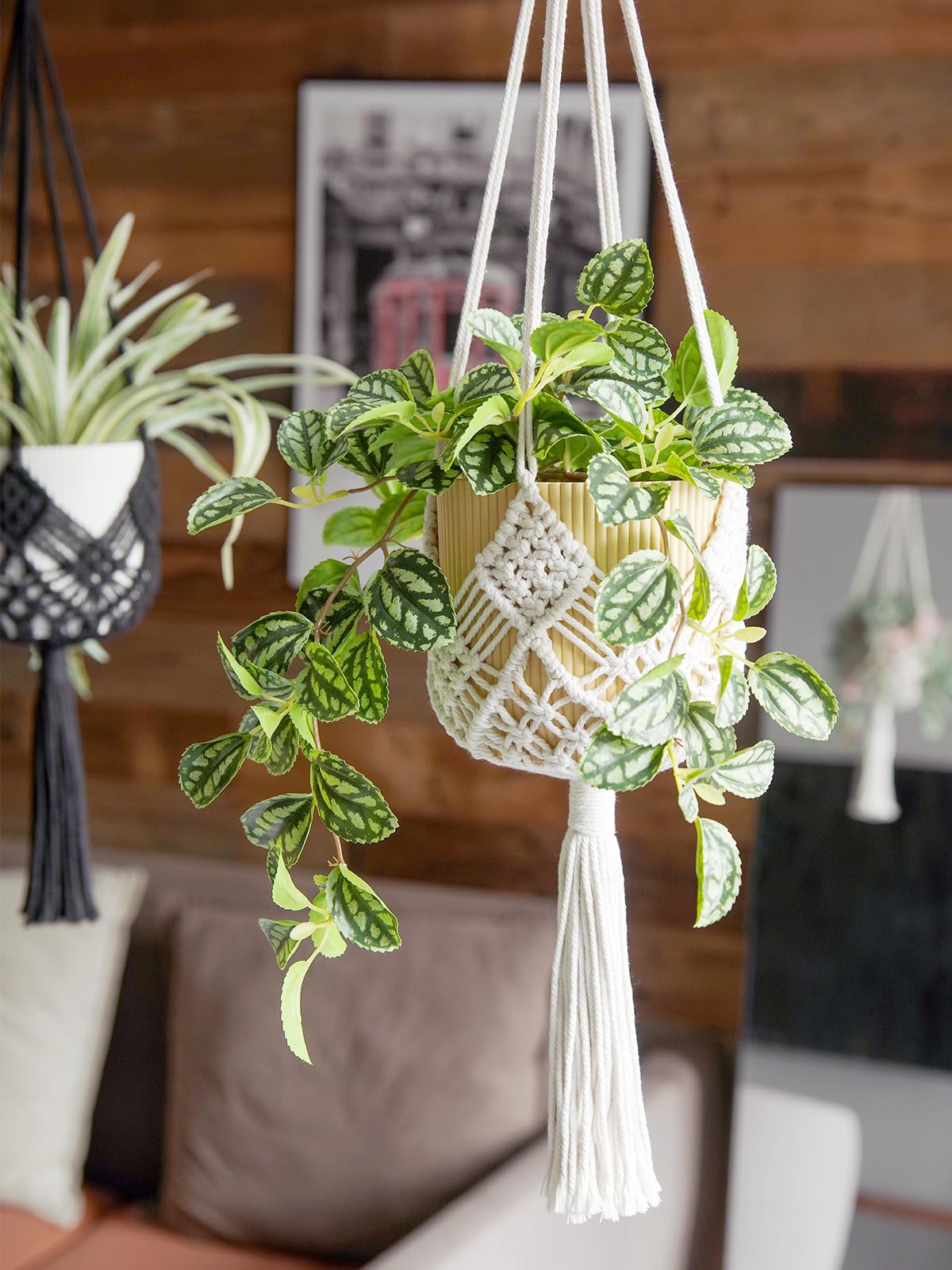XINBOR Hanging Planter with Patterns,2Packs Macrame Plant Hangers Indoor Macrame for up to 8 inch Pot Crochet Boho Plant Hanger Holder for Indoor Outdoor with 2S Shaped Stainless Steel Hooks (White)