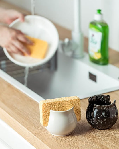 Sponge Holder for Kitchen Sink Counter, Ceramic Dish Sponge Caddy White Sink