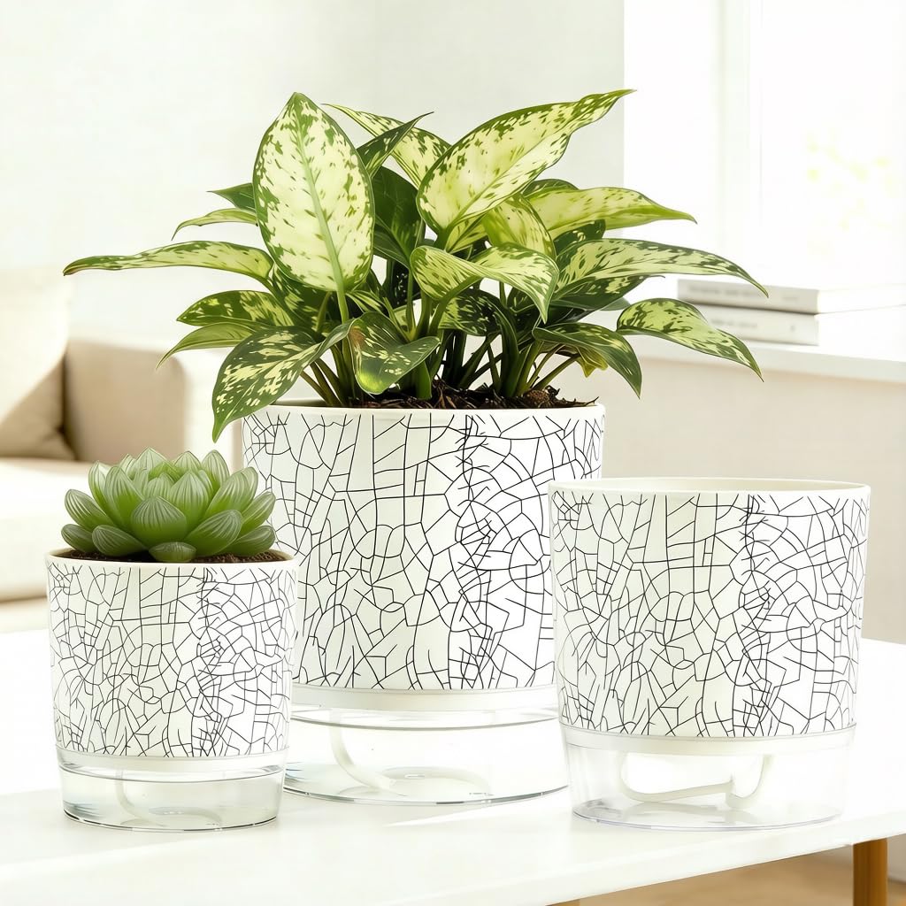 XKYQSY 3 Pack 4.3+5.5+6.3 Inch Self Watering Pots Set, Self Watering Planter with Reservoir and Wick Rope for Indoor/Outdoor Plants, Modern Houseplants Pots for African Violets,Cactus,Herbs,Succulents