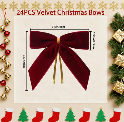 Doacpcr 24 Pcs Burgundy Small Velvet Bows for Valentines Day Decorations, 3.5 Inch Xmas Velvet Ribbon Bow Ornaments for Christmas Farmhouse Wreath Garland DIY Craft Gift Wrapping Decorative, 1" W