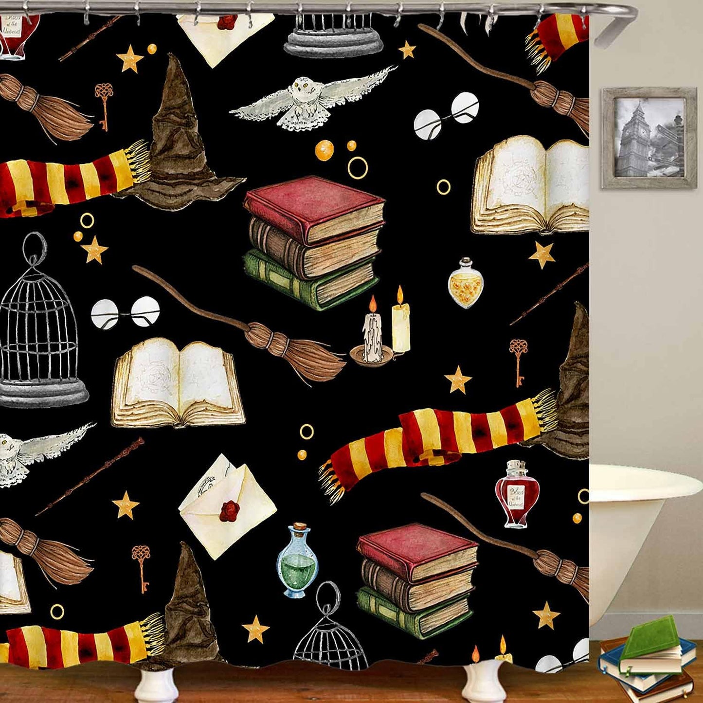 OLEBETY 4PCS Witchy Magical Halloween Shower Curtain Sets With Rugs, Waterproof Fabric Black Shower Curtain, Funny Magic Book Wizard Hat Owl Broom Mysterious Spooky Teen Boys Girls Kids Bathroom Decor