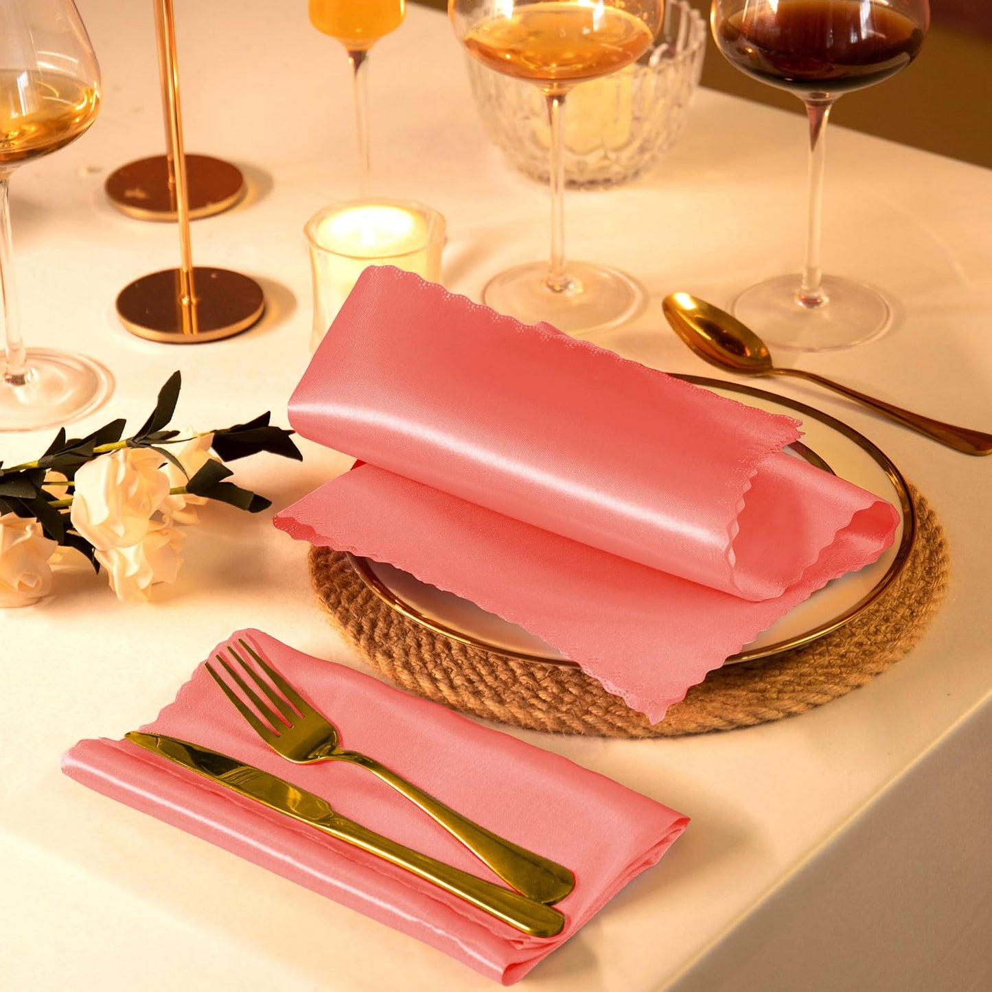 Manyshofu 20 Pieces Coral Satin Scalloped Napkins - 18x18 Inches Satin Cloth Napkins, Square Fabric Napkin Set - Elegant & Smooth Table Napkins for Wedding Dinner Party Banquet Restaurant