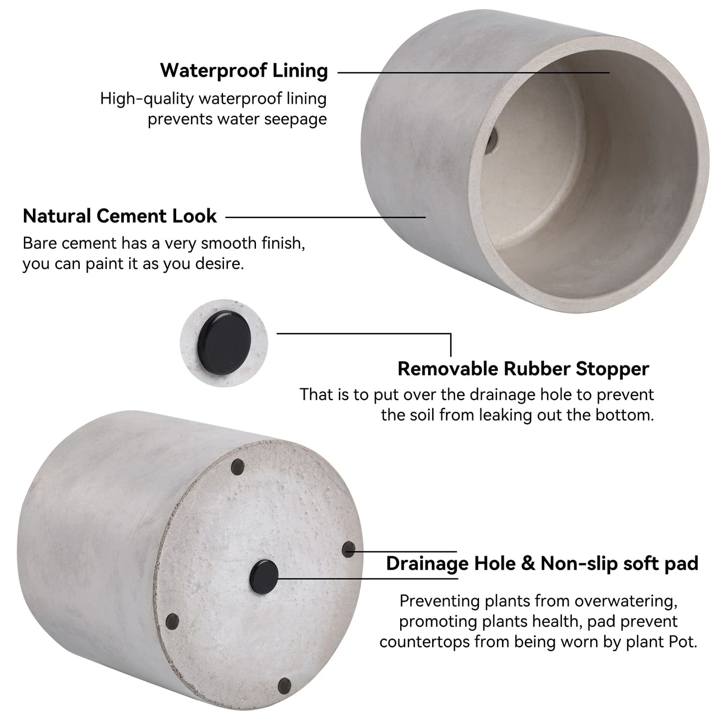 Ekirlin Planters for Indoor Plants, 3.5/4 Inch Plant Pots with Drainage Holes, Removable Rubber Stopper, Non-Slip Soft Pad - Grey Cement Concrete Planter for Most Indoor Outdoor Plants and Flowers