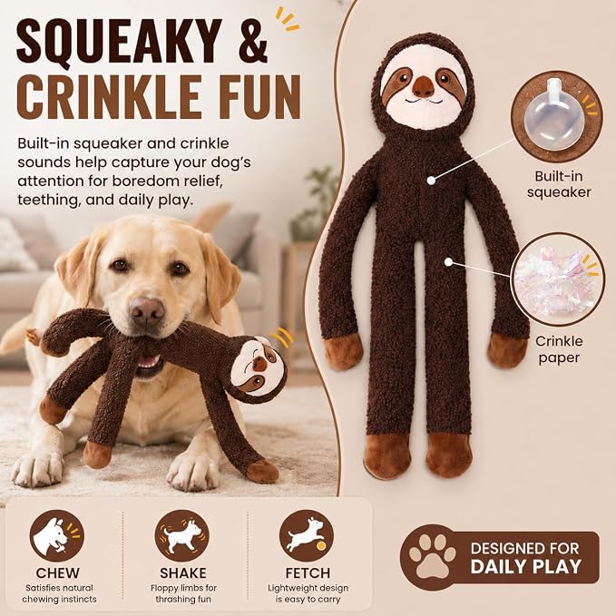 No Stuffing Dog Toys, 3-Pack Squeaky Crinkle Set | 3-pack stuffing-free plush dog toys with squeakers and crinkle sound for supervised indoor play, fetch, tug, and teething