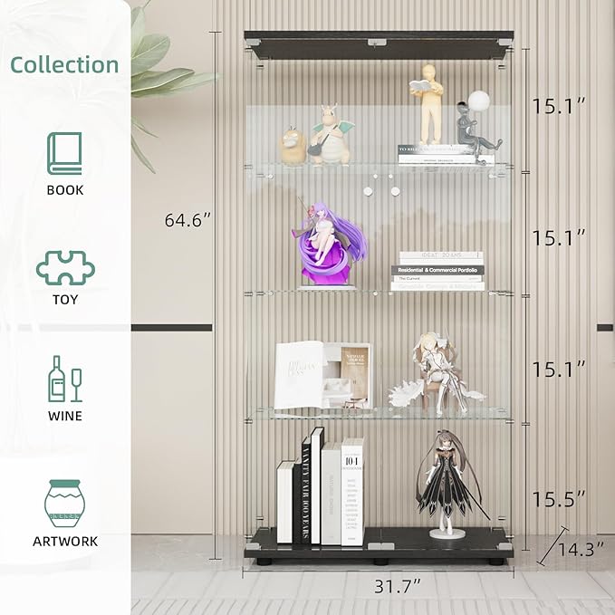 Display Cabinet with Glass Door and Lock, 4-Shelf Curio Cabinets with 5mm