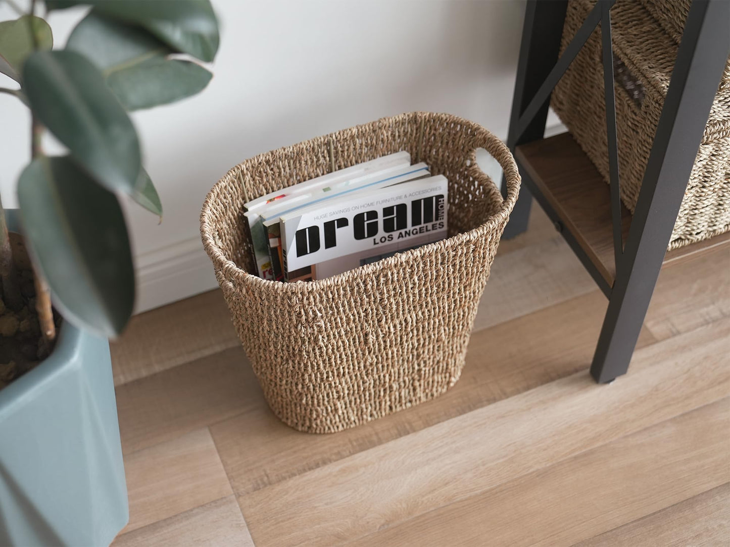 StorageWorks Wicker Waste Basket, Handwoven Seagrass Trash Can with Built-in Handles, Wicker Garbage Can for Bedroom, Bathroom, 1 Pack