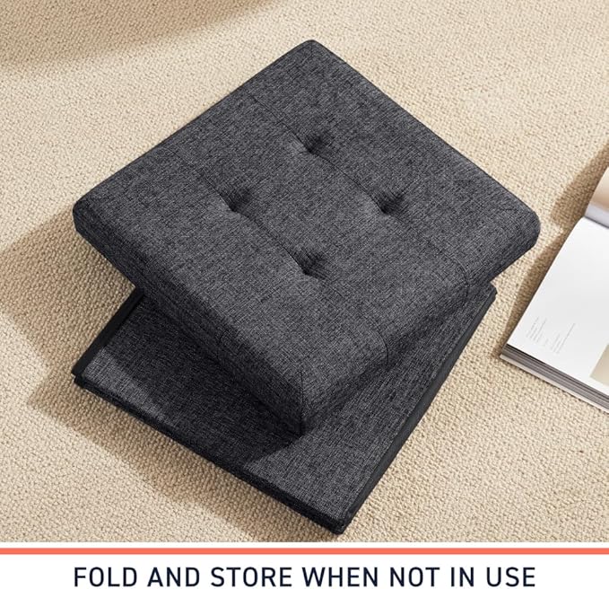 Ornavo Home 2 Pack 15 Inch Folding Storage Ottoman, Square Cube Linen Small