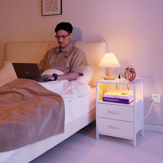 Yoobure Nightstand with Charging Station, LED Night Stand with Fabric Drawers