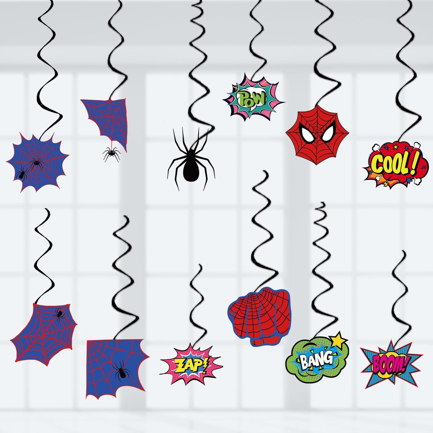 Spider Birthday Decorations Heros Party Decor, Assembled and Ready to Use, Spider Web Theme Party Hanging Swrils 24pcs Party Streamers Kids Birthday Party Decor Supplies