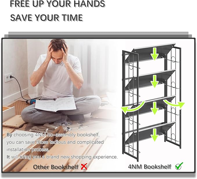 4NM No Assembly 4 Tiers Folding Bookshelf, 47.2" H Foldable Storage Shelves