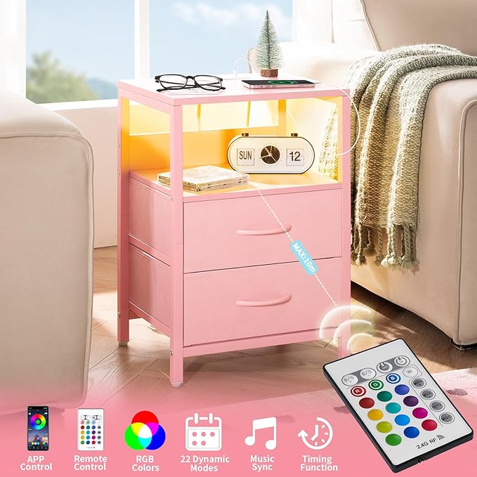 Yoobure Nightstand with Charging Station, LED Night Stand with Fabric Drawers