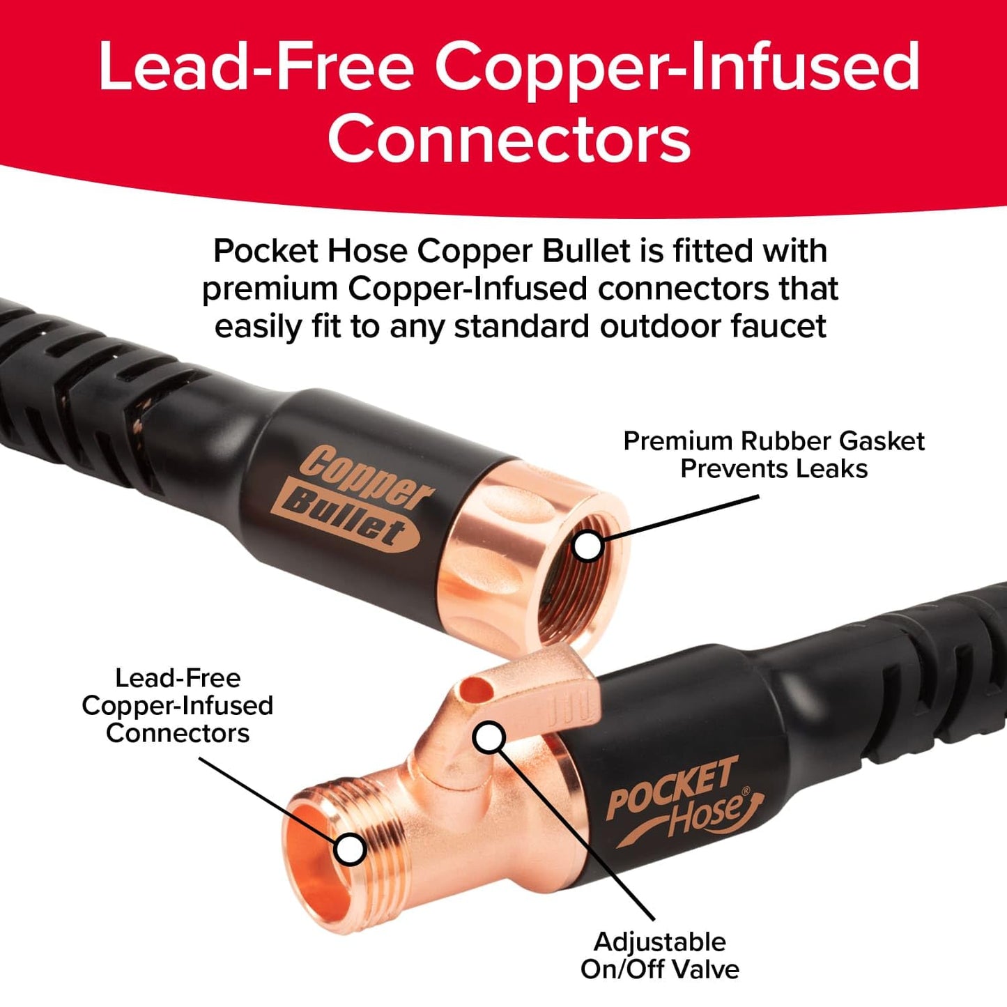 Pocket Hose 50 FT Copper Bullet Expandable Garden Hose w/10 Pattern Thumb Spray Nozzle AS SEEN ON TV 650psi 3/4 in Patented Lead-Free Ultra-Lightweight Solid Copper Anodized Aluminum