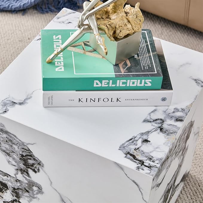 Side Table, End Table with White Marble Grain, Modern Beside Sofa Couch Tables