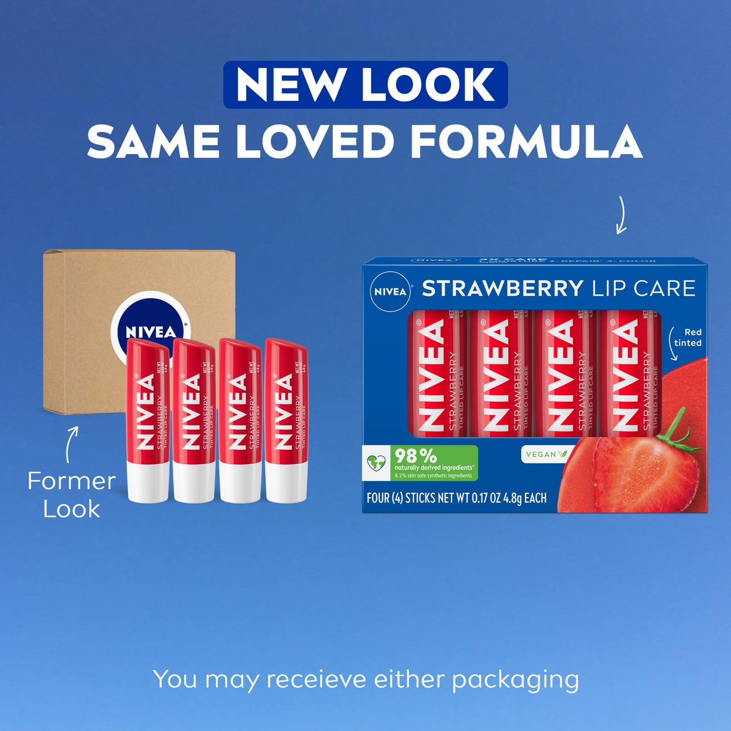 NIVEA Lip Care, Fruity Tinted Lip Balm Variety Pack, Cherry, Strawberry, Blackberry and Watermelon Flavors, 3-in-1 Moisture, Repair and Color, 0.17 Oz Stick, Pack of 4