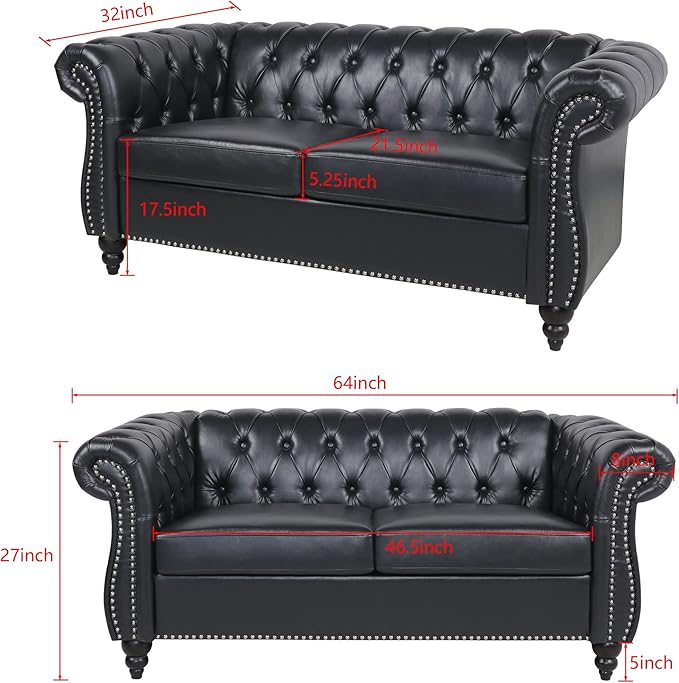 LEVNARY Leather Sofa, Chesterfield Tufted Upholstered 2 Seater Couch, Modern