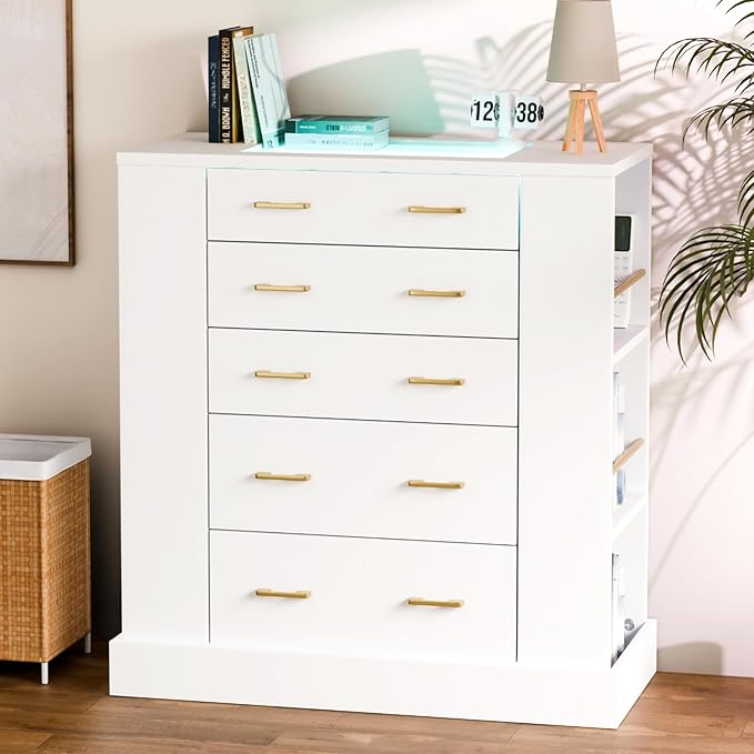 Drawer Dresser with LED Lights and Open Shelves, Modern Tempered Glass Top