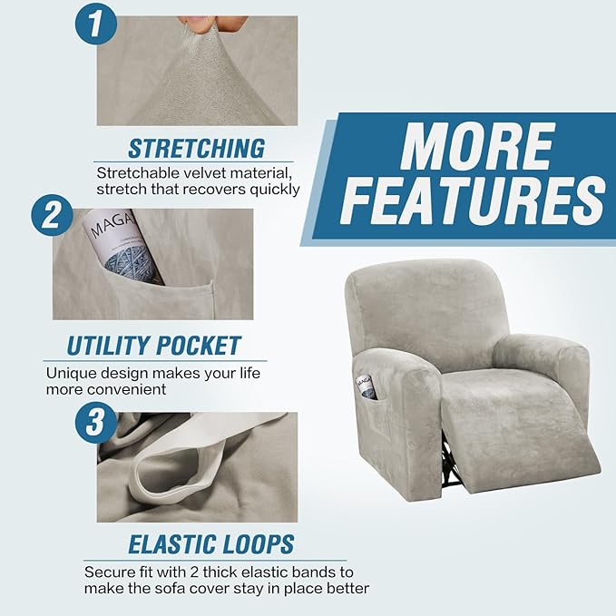 H.VERSAILTEX 4-Pieces Recliner Chair Covers Velvet Stretch Reclining Couch