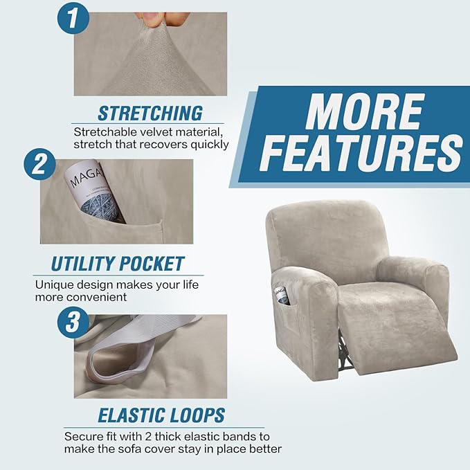 H.VERSAILTEX Velvet Stretch Recliner Couch Covers 4-Pieces Style Recliner Chair