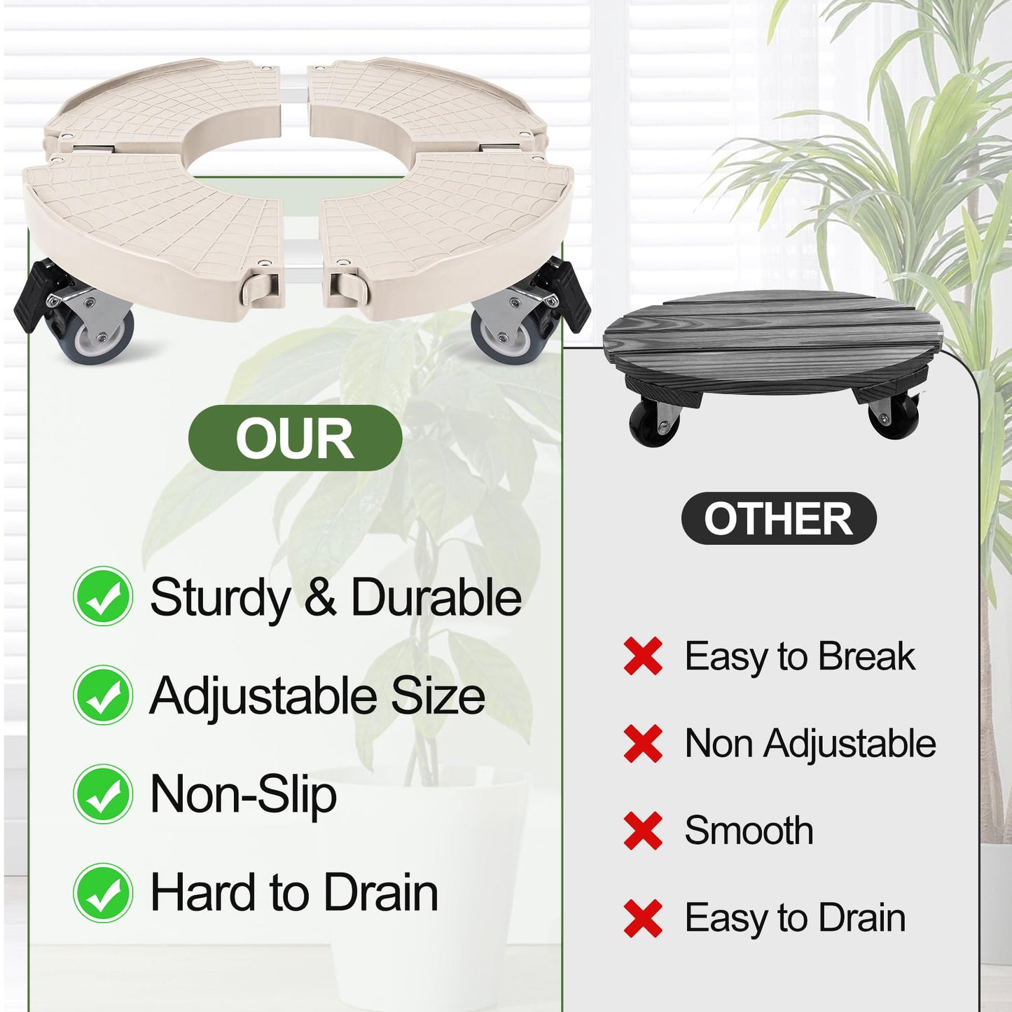 ToLanbbt Plant Caddy Stand with 360° Wheels Adjustable 15-22 Inch Rolling Stand Heavy Duty Large Plant Cart Dolly with Casters 440lbs Capacity for Large Planter, Garden Pot, Flower Pot, Beige, 1 Pack
