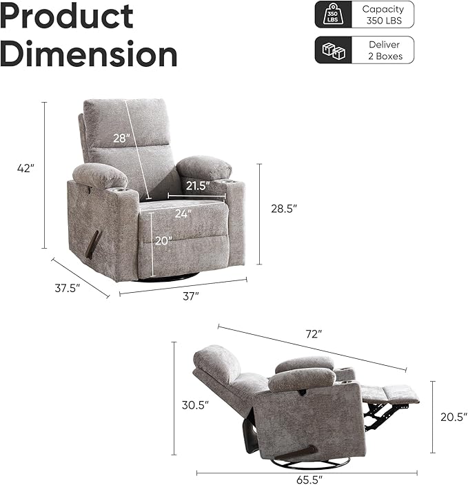 Swivel Rocker Recliner with Adjustable Armrests, Rocking Nursery Chair with