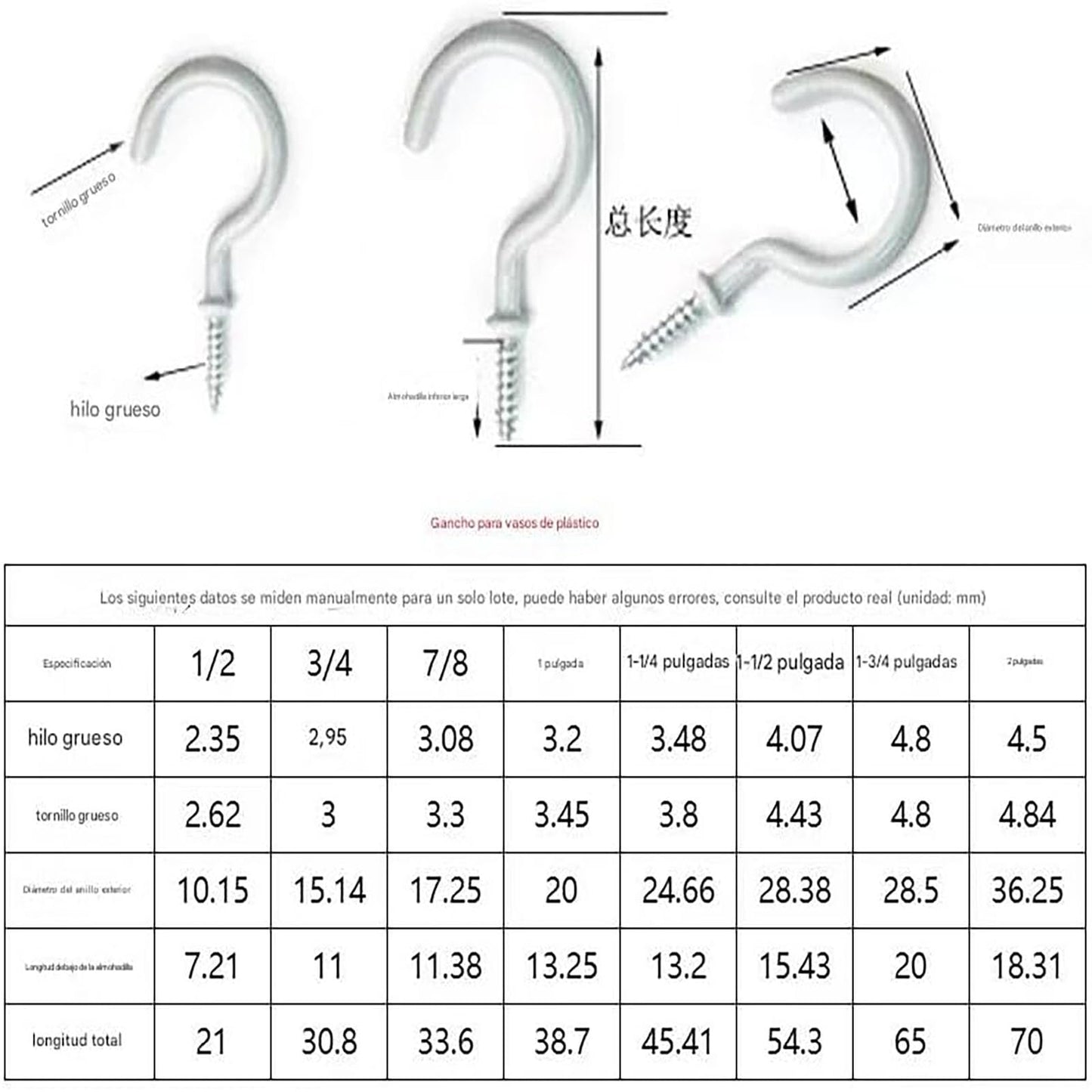 70 Pieces of 1 Piece White Ceiling Hook Kit, 6 Sizes Vinyl Coated Spiral Plant, Kitchen, Cup, Ceiling Hooks (1/2 inch, 5/8 inch, 3/4 inch, 7/8 inch, 1'', 1-1/4 inch)