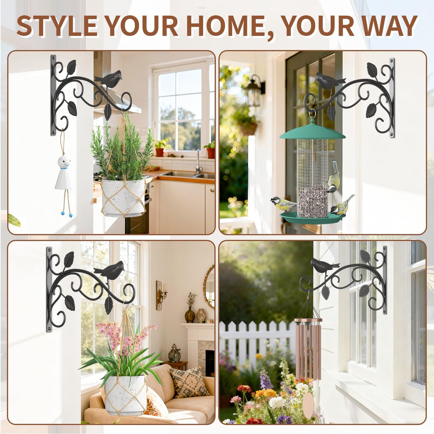LASZOLA 2 Pack 12 Inch Hanging Plant Brackets, Heavy Duty Iron Wall Hooks with Decorative Bird and Leaf, Rust Proof Metal Outdoor Fence Hangers for Bird Feeders, Planters, Wind Chimes, Lanterns, Black