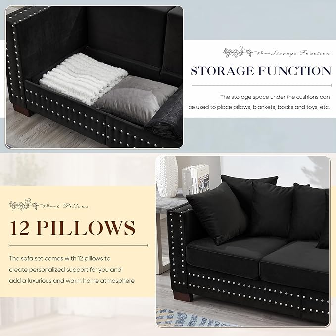 2 Piece Velvet Couch and Loveseat Sets, Mid Century Modern Couch