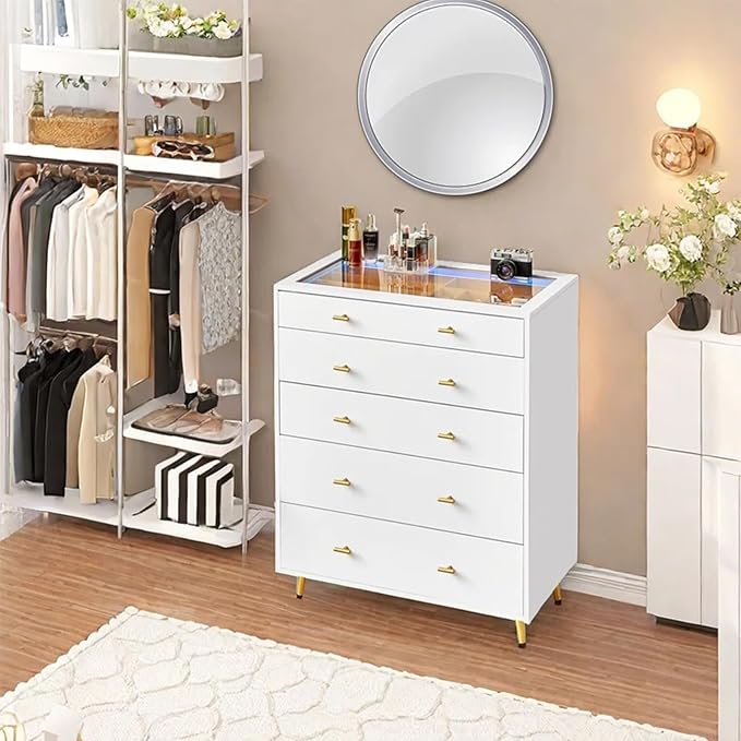 5 Drawer Dresser for Bedroom, 30.7" W x 38" H Tall Tempered Glass Top Dresser