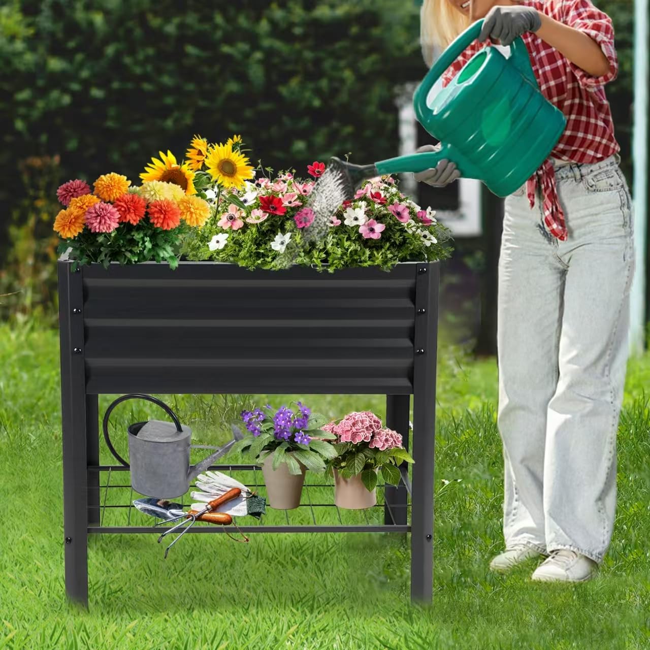 Veezyo Raised Garden Bed with Legs and Shelf, 2pcs 32"x20"x31.5" Powder Coated Elevated Metal Planter with Legs for Outdoor Vegetables, Standing Raised Beds for Balcony, Patio, Lawn and Backyard