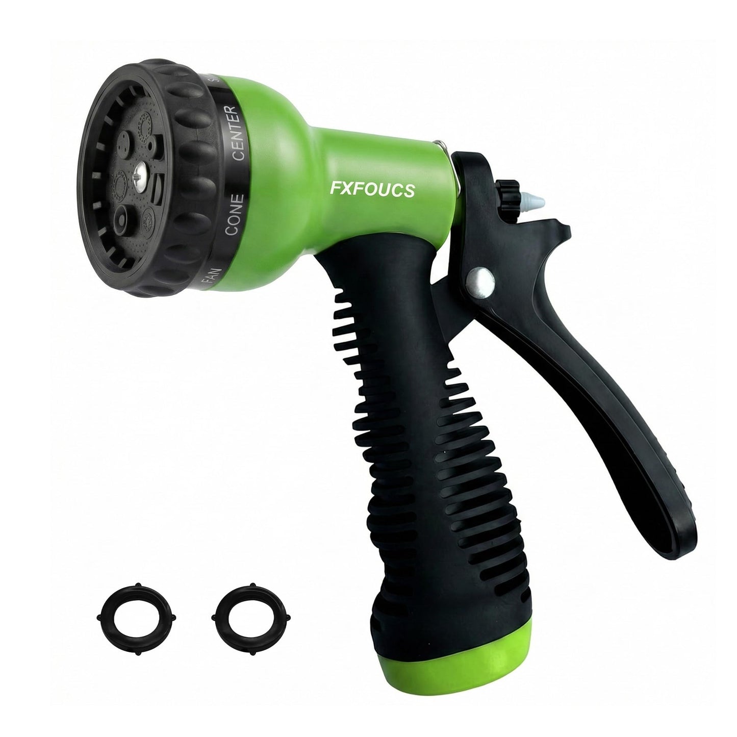 FXFOUCS Garden Hose Nozzle Sprayer-This High Heavy-Duty Spray Nozzle Offer 9 Watering Patterns for Watering Plants,Lawns &Gardens,Washing Cars,Household Cleaning and Showering Pets (Green-dark)