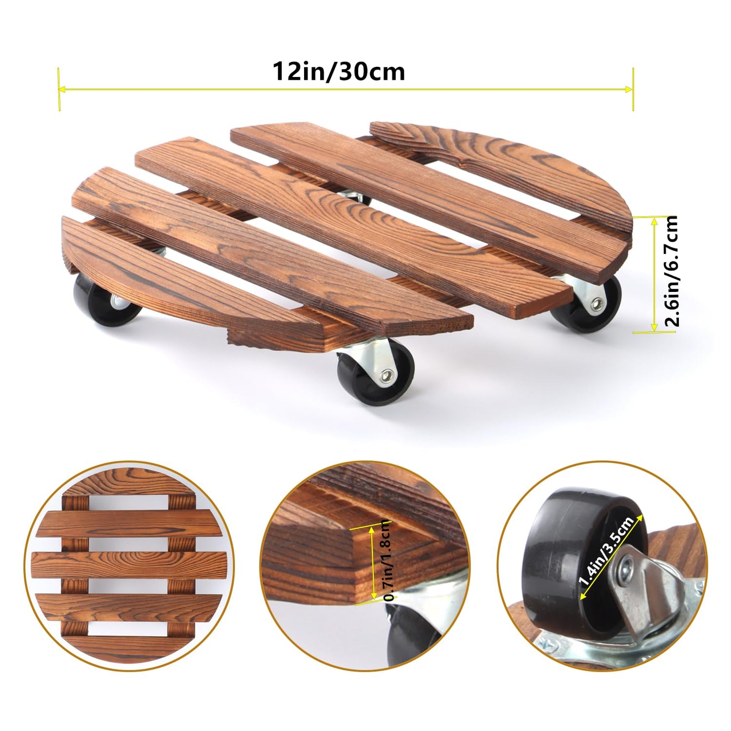 2 Pack 12" Plant Caddy with Wheels, Rolling Plant Stand 220 LB Heavy Duty Wooden Round Plant Dolly with Metal 360° Lockable Caster Wheels for Outdoor Indoor Large Plant Pots, Flower Pot, Patio