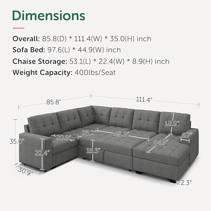 HONBAY Sleeper Sofa Bed with Storage Chaise, Sectional Couch with Pull Out Bed
