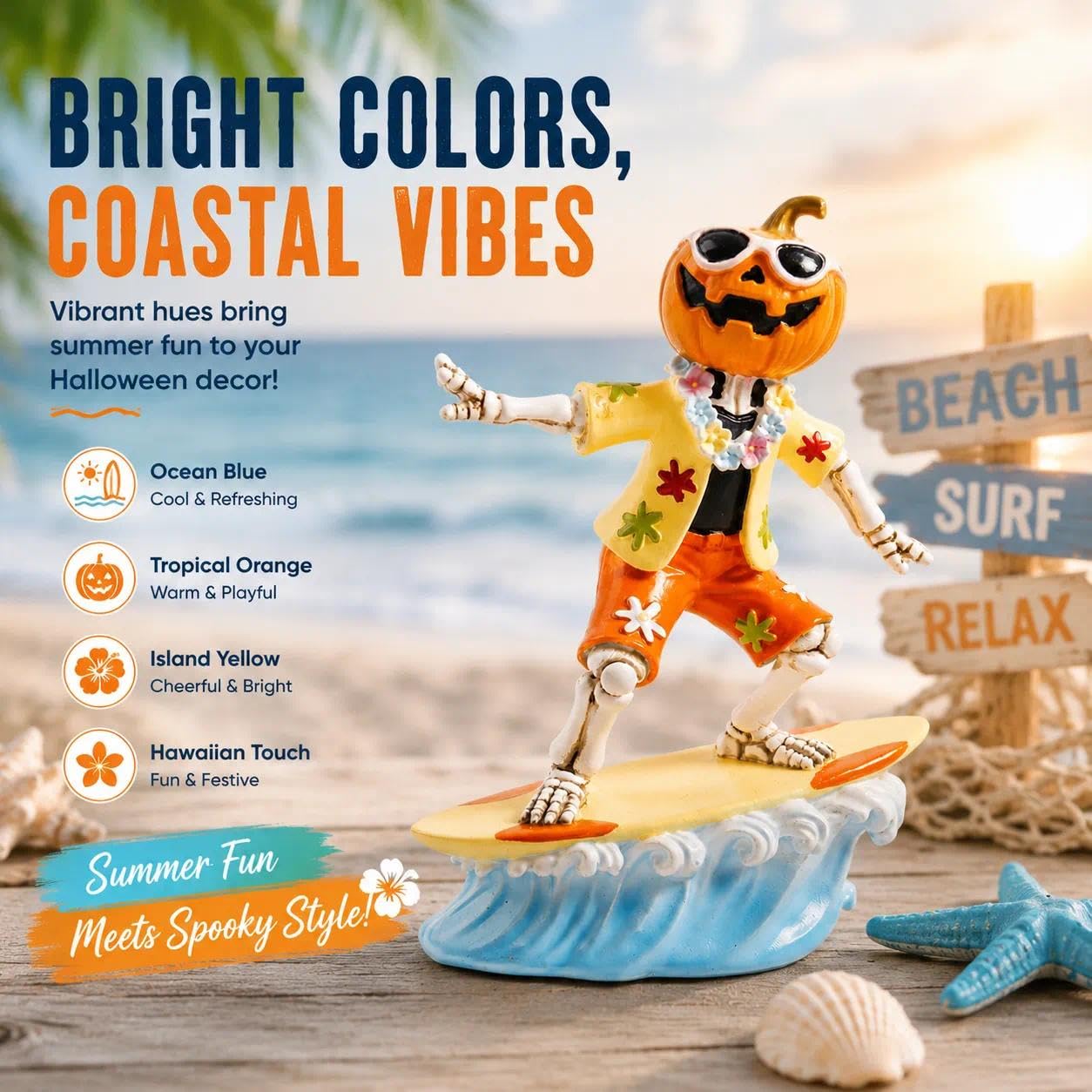 caiydramy Summerween Decorations for Home, 5.9" H Resin Surfing Pumpkin Skeleton Figurine, Spooky Summer Halloween Party Decorations, Tropical Hawaiian Beach Indoor Mantel Table Top Shelf Desk Decor