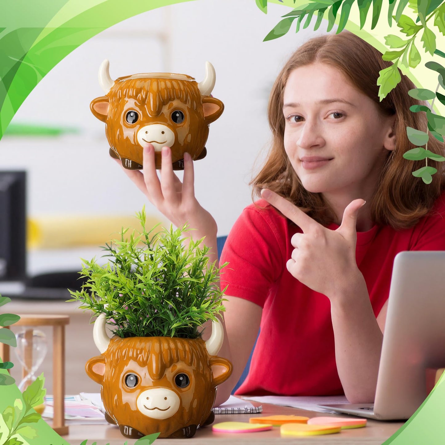 Meanplan 2 Pcs Highland Cow Succulent Planter with Drainage Cute Plant Pots Decor Ceramic Cactus Pot Animal Flower Container Holder Gifts for Cow Lovers Home Office Display Desk Decoration