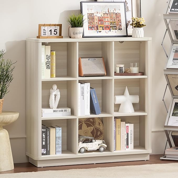 9 Cube Storage Book Shelf, Wood Floor Standing 3-Tier Cubby Bookshelf