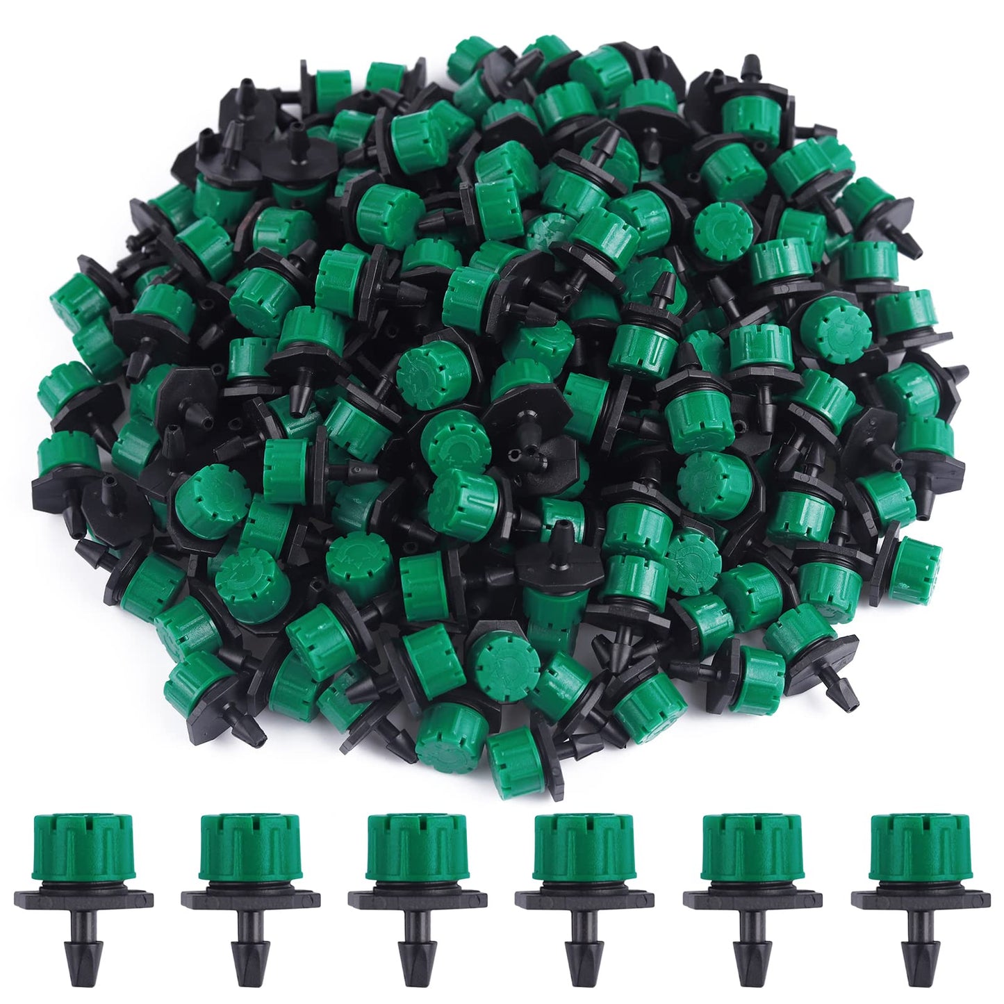 Kalolary 200Pcs Adjustable Irrigation Drippers, 1/4 Inch Barbed Drip Emitter 360 Degree Watering Sprinklers Anti-Clogging Drippers for 4mm/7mm Garden Watering System（Dark Green）